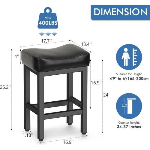 Raynesys 24 Inche Bonded Leather Counter Height Bar Stools Set of 2 Square | Barstools with Thick Bonded Leather Saddle Seats & Heavy Duty Metal Base for Kitchen Counter, Easy Assembly, All Black