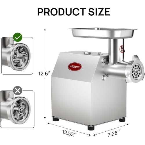 Electric Meat Grinder #8, 0.5HP Heavy Duty Industrial Stainless Steel Meat Mincer, Sausage Stuffer with 2 Blades, 2 Plates & 3 Sausage Tubes, Meat Grinder Machine for Home Use Butchering