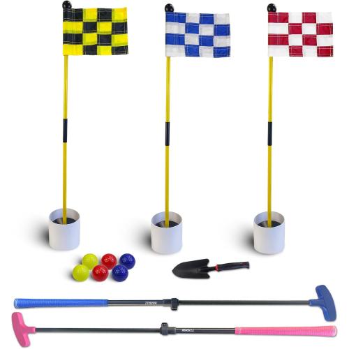Beach Game Golf Putting Set, Mini Golf Course for Beach Games | Low Tide Play | Backyard, with 3 Flags & 3 Golf Flagstick & Hole Cups, 2 Adjustable Putters, 6 Balls, Carry Bag & Shovel, Ideal Gifts