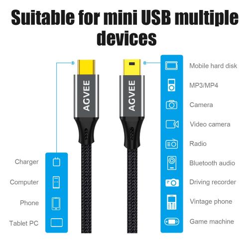 AGVEE 3.3ft USB-C to Mini USB Cable, Gold Plated End Tips, Braided Durable Mini-B 5-Pin to Type-C Data Charging Charger OTG Cord for Hero 3 , Canon Nikon Camera, GPS, Blue Yeti, Dark Gray