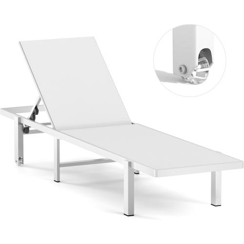 Aluminum Chaise Lounge Chair Outdoor with Wheels, Patio Lounge Chair with Adjustable 5-Position Recliner and Full Flat Tanning Chair for Patio, Beach, Pool, White
