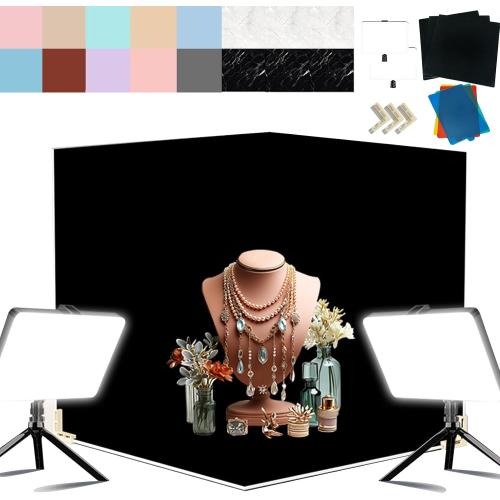 14PCS Absobent Black Flocked Photography Backdrop Boards with LED Lighting Studio Kit 16x16 inch Anti-Glare Photo Background Backdrop Shooting Tent for Product Food Jewelry Cosmetics Makeup