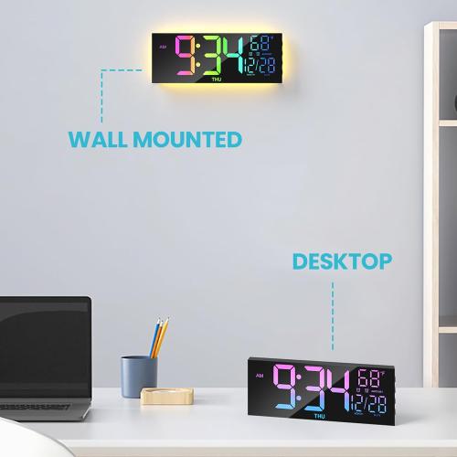 Digital Wall Clock Large Display, 13 Large Digital Wall Clock with RGB Color Remote Control, Automatic Brightness Dimmer Big Clock with Night Lights, Auto DST, Date Week,Perfect for Gift