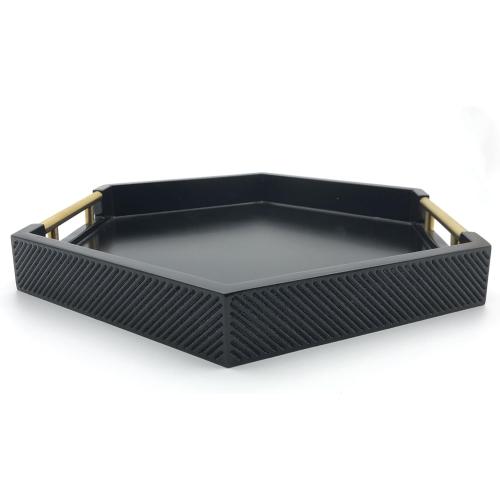 Serving Tray with Polished Metal Handles, Hexagon Coffee Table Tray, Modern Rectangle Decorative Tray, Large Ottoman Tray, Perfect for Storage and Display (Black Hexagon)