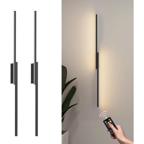 Aipsun 39.4inch Black Battery Operated Wall Sconce Set of 2, Rechargeable Wall Sconce Lighting Dimmable Wireless Wall Lights for Living Room,Bedroom