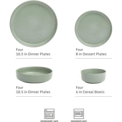 (SET INCOMPLETE) (12) Gibson Elite Pasco 16 Piece (Service for 4) Plates and Bowls Double Bowl Reactive Glaze Dishes Stoneware Ceramic Dinnerware Set - Green