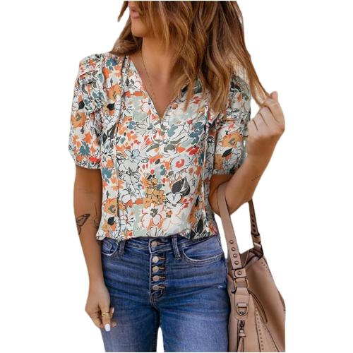 Size XL ..Women's Casual Chiffon Crew Neck Floral Print Ruffle Bubble Sleeve Blouse Fashion Loose Soft Summer Shirt Pullover Top