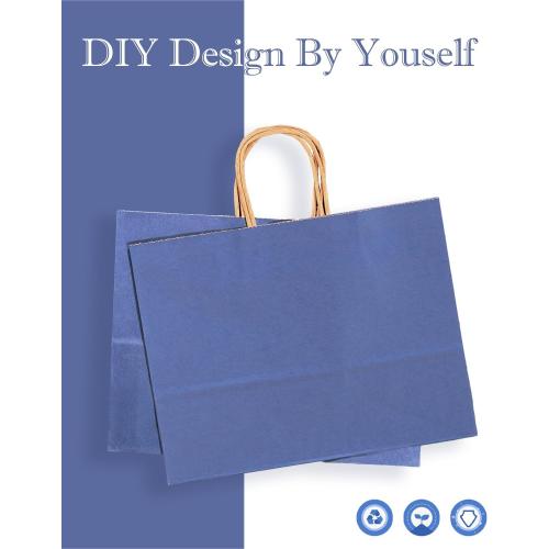 qiqee 100PCS Large Gift Bag with Handles Bulk 13x4.5x10 Gift Bags Kraft Deep Blue Multiple Uses (32x11x25cm,Wide Large)