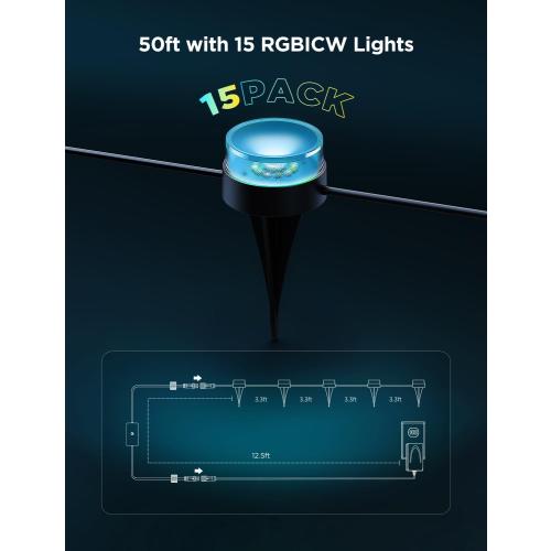 Govee Outdoor Ground Lights 2, 50ft Patio Decorations, 15 Pack | RGBIC Pathway Lights With 100LM Warm White, IP67 Waterproof, 63 Scene Modes, Works With Alexa, Google Assistant