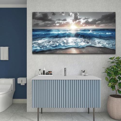 60x30 hyidecorart Large Wall Art For Living Room Modern Wall Decor For Office Blue Beach Painting Sea Waves Sunshine Wall Pictures Bedroom Home Decoration Prints Posters Mural Artwork Ready To Hang 60x30