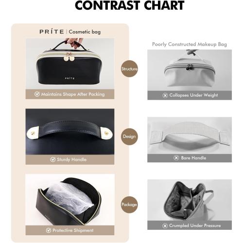 Prite Makeup Bag for Women Travel Waterproof Vegan Leather Cosmetic Bag Open Flat Toiletry Bag With Clear Divider and Handle (Large Black)