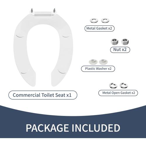 Commercial Open Front Toilet Seat Elongated, Heavy Duty Public Restroom Toilet Seat, Durable PP Plastic, Easy Install Replacement for School, Hospital, Hotel & Church, White