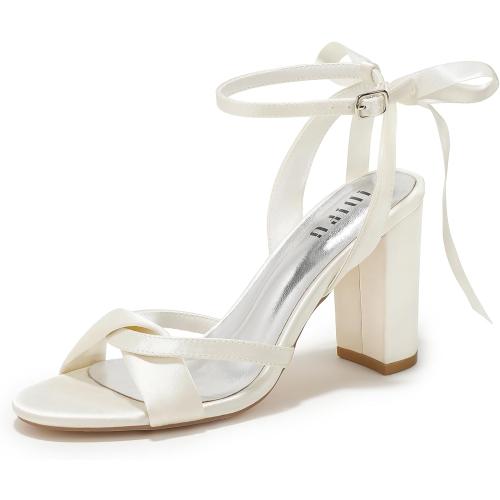 Size 6.5 Color White IDIFU IN4 Women's Bow Tie Heeled Sandals High Chunky Heels Cross Strap Satin Strappy Ankle Buckle Dress Wedding Bride Bridal Dressy Shoes Block Heels