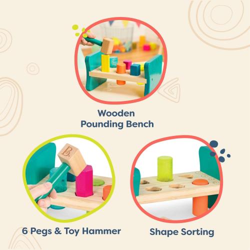 B. toys – Wooden Shape Sorter – Pounding Bench For Shape Sorting – 6 Pegs & Toy Hammer – Classic Toys For Toddlers, Kids – 2  Years – Colorful Pound & Play