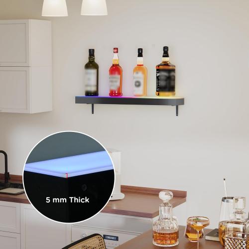 Dethan 1 Tier 24 Inch LED Lighted Liquor Bottle Display Shelf - Wine Racks with Multi-Color App & Wireless Remote Control, Adjustable Brightness & Sound Modes, Acrylic Bar Shelves for Home Bar Display