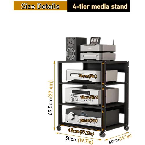 4 Tier Audio Rack Tower, CD Record Player Stereo Receiver AV Equipment Cabinet Display Rack, Weight Capacity 661 lbs, with Adjustable Wooden Shelves for Home (4 Tier Black)