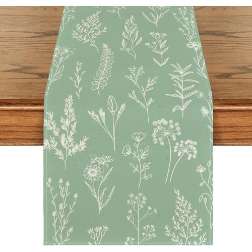 Artoid Mode Sage Green Leaves Flowers Spring Table Runner, Seasonal Kitchen Dining Table Decoration for Home Party Decor 13x72 Inch