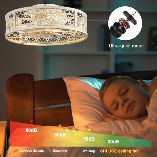 SHLUCE 18 Caged Ceiling Fan with Light, Small Flush Mount Fandelier Ceiling Fans with Lights and Remote, Rustic Low Profile Bladeless Ceiling Fan with Light for Bedroom, Kitchen, White Gold - ETL