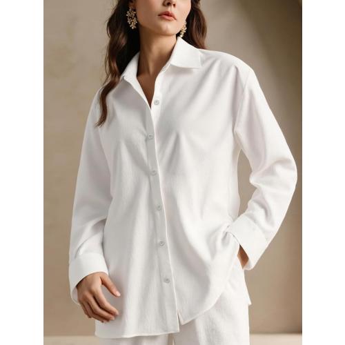 Women Medium Button Down Shirt Long Sleeve Solid Blouse Stretch Work Blouse Collared Casual Shirts for Business Office