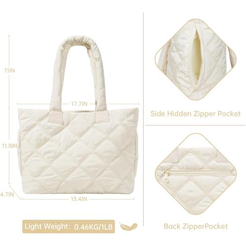 Puffer Tote Bag for Women, Quilted Bag with Zipper, Small Tote HandBags for Work, Travel