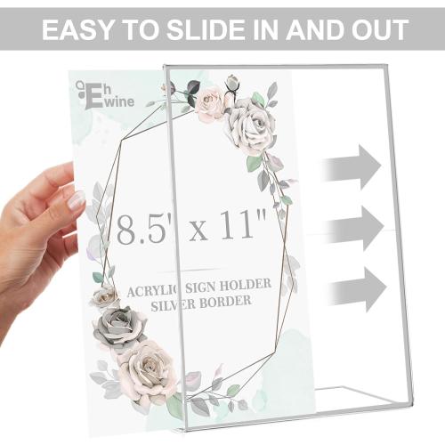 EHWINE 12 Pack Acrylic Sign Holder 8.5 x 11, Silver Picture Frame Stand up Table Top Sign Holders, Slanted Back Paper Holder Clear Display Stand Menu Flyer Holder for Wedding Party