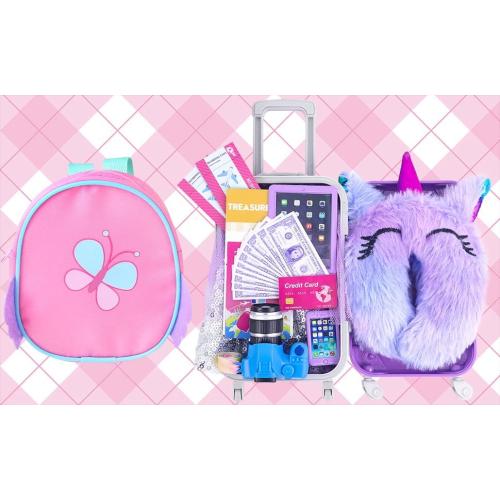 K.T. Fancy 23 pcs American 18 Inch Doll Accessories Suitcase Travel Luggage Play Set for 18 Inch Doll Travel Carrier, Sunglasses Camera Computer Phone Pad Travel Pillow Passport Tickets Cashes