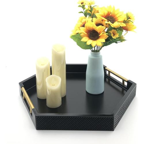 Serving Tray with Polished Metal Handles, Hexagon Coffee Table Tray, Modern Rectangle Decorative Tray, Large Ottoman Tray, Perfect for Storage and Display (Black Hexagon)
