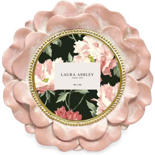 Laura Ashley 4x4 Pink with Gold Round Resin Ornate Flower Design Picture Frame with Beaded Border, for Tabletop and Wall Display, Floral Home Décor (Pink with Gold)