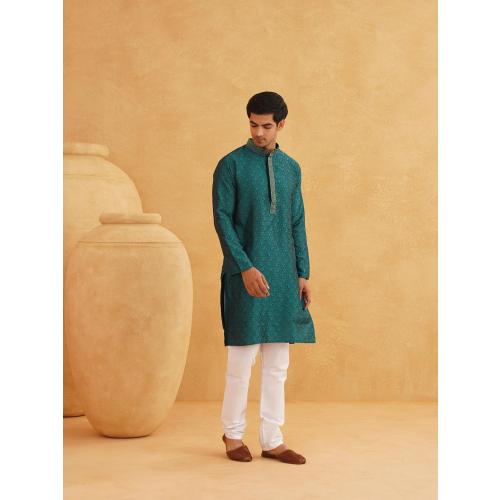Size Large 40 ojanya (Since 1958 Men's Red Jacquard Silk Kurta & Churidaar Pyjama