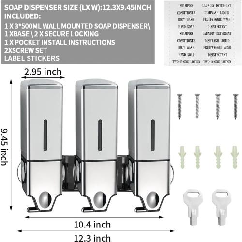 3 x 500ml per Cup Wall Mounted Manual Soap Dispenser for Home, Bath, Kitchen, Hotels, Restaurants. Shower and Lotion Dispenser (Silver)
