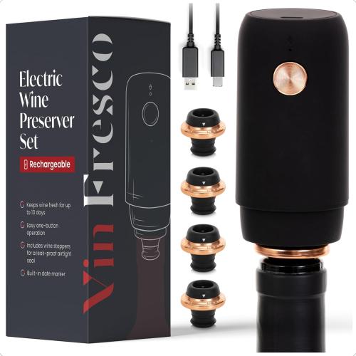 Electric Wine Preserver - Rechargeable Vacuum Saver With Airtight Seal - Automatic Air Remover Pump for 10 Days of Flavor & Freshness - Preservation System (Black & Rose Gold)