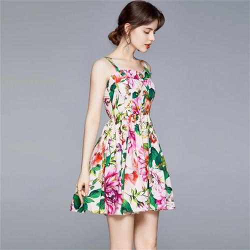 Size M Fashion Print Dress Female Holiday Dresses Flower Buttons Spaghetti Straps Sundress