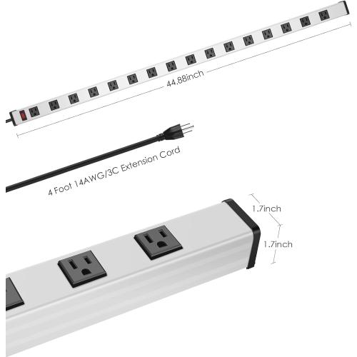 JUNNUJ Long Metal 16 Outlet Power Strip, Wide Spaced Garage Industrial Heavy Duty Power Strip with 4 FT Cord 15A, 125V, 1875W-Silver