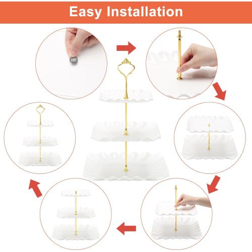 Coitak 3 Tier Cupcake Stand, Plastic Tiered Serving Stand, Square Dessert Tray for Tea Party, Baby Shower and Wedding (Pure White)