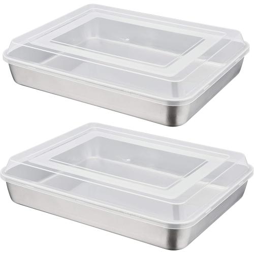P&P CHEF Stainless Steel Baking Pan with Lid, Rectangular Cake Pans, Sheet Pan Bakeware for Baking Lasagna Brownies, 2-Inch Deep Side & Heavy Duty, Easy to Store & Clean (12.3, 4Pcs)