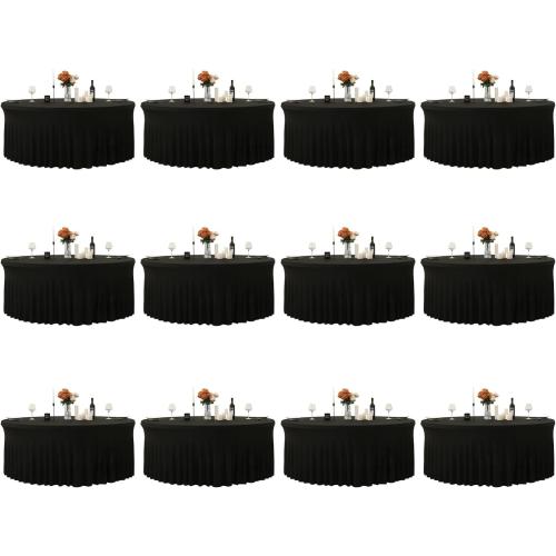 12 Pack 132inch Black Round Tablecloth, Circle Stretch Table Cloths for 6 FT Tables, Wrinkle Free Round Table Skirt for Wedding Birthday Photography Graduation Ceremonies Retirement Party Decorations