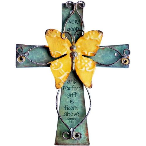 MelinSam Wooden Wall Cross Christians Cross with Antiqued Metal Butterfly and Inspirational Prayer Inscribed Blessed for Church Home Room Decoration Gifts