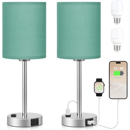 Innqoo Teal Touch Table Lamps Set of 2-3 Way Dimmable Bedside Lamp with USB C and A Ports and Outlets, Modern Nightstand Lamp with Silver Base, Small Bedroom Lamps for Kids Nursery