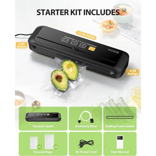 KOIOS Vacuum Sealer Machine, 90Kpa Automatic Vacuum Air food sealer/Built-in Cutter Starter Kit, Dry & Moist Food Preservation Modes, Pulse Function, LED Indicator Lights, Black