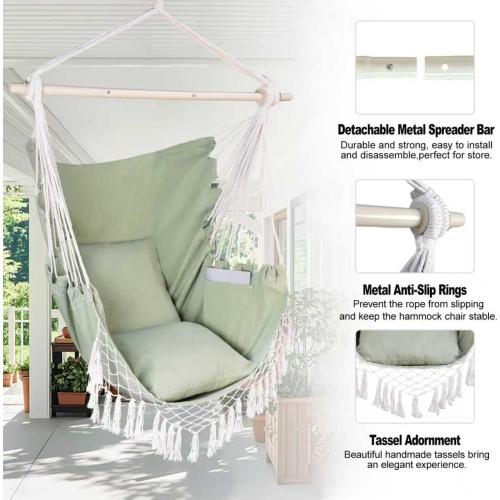 Hammock Chair Hanging Rope Swing Chair,Max 450 Lbs, Large Hanging Chair with Pocket, 2 Cushions, Steel Bar with Anti-Slip Rings, Hardware Kit Included, Comfortable for Indoor Outdoor (Green)
