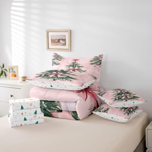 Cartoon Xmas Tree Bed in a Bag 7pcs for Girls Princess Christmas Bedding Set, Pink Bowknots Queen Size Comforter Set Happy New Year Festival Decorative Bedding Comforter Sets, Watercolor Bed Set
