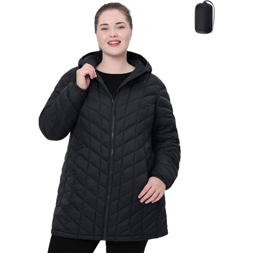 HHE Plus Size Packable Puffer Jacket,Women's Water-Resistant Lightweight Hooded Winter Coat (Exclusively for Plus Size) 2 Xl