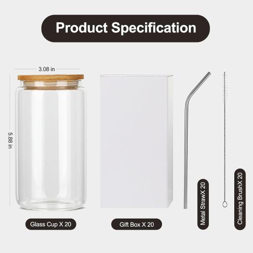 20Pcs 16oz Glass Cups With Bamboo Lids and Straws,16Oz Ice Coffee Cup,Drinking Glasses Cups Set,Water Bottles Glasses for Juicing,Beer,Coffee,Soda,Tea-Glass Tumbler Reusable for Gifts