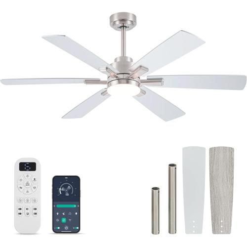 OURSTAR Ceiling Fans with Lights and Remote Control, Brushed Nickel Ceiling Fan with Light 3-Color Dimmable, Memory for Lighting and Fan Reversible, 6-Speed, Timer, Indoor/Outdoor Use, 52 Inch