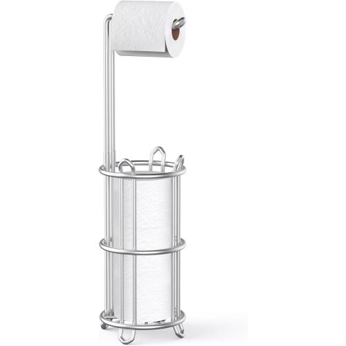 Meangood Toilet Paper Holder Stand and Tissue Paper Roll Dispenser for 4 Mega Rolls, Bathroom Free Standing Tissue Roll Storage Holder Rack, Metal Wire Silver