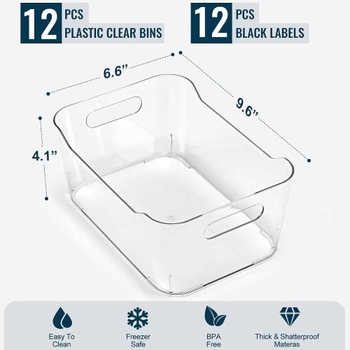 12 PACK Clear Plastic Storage Bins, Kitchen Cabinet Pantry Organizer Bins
