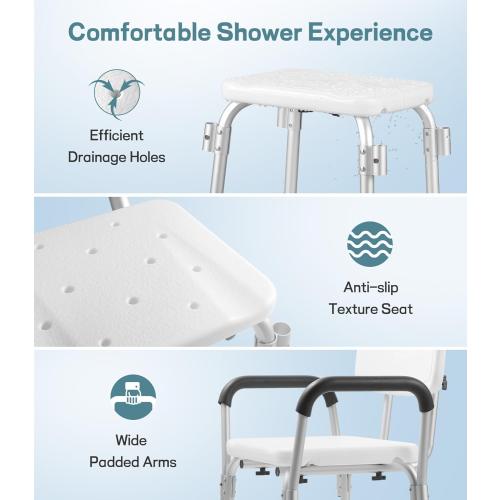 Shower Chair for Elderly and Disabled with Padded Armrests and Back, Adjustable Height Shower Seat, Tool-Free Heavy Duty Shower Chairs for Inside Shower, Handicap