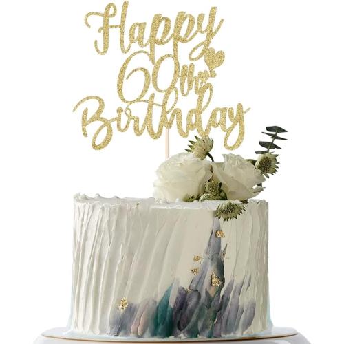 60th Handmade Glitter happy birthday Cake Topper, Cheers to 60th birthday Cake Bunting Decor,Party Decoration Supplies (Gold)