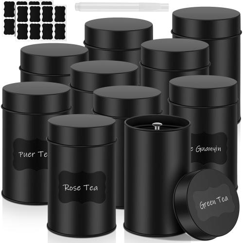 Tanlade 10 Pcs Tea Tin Canister Metal Round Can with Airtight Lid Double Sealed Tea Tin Canisters, with 1 Erasable Chalk Marker and 16 Stickers for Loose Leaf Coffee Sugar, 16 oz (there are some dents)