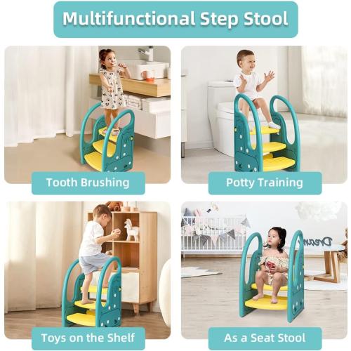 Toddler Step Stool Chair Onasti Kids 3 Step Standing Tower for Toddlers Plastic Learning Helper Stool for Kitchen Counter Bathroom Sink Toilet Potty Training with Handles and Non-Slip Pads-Green